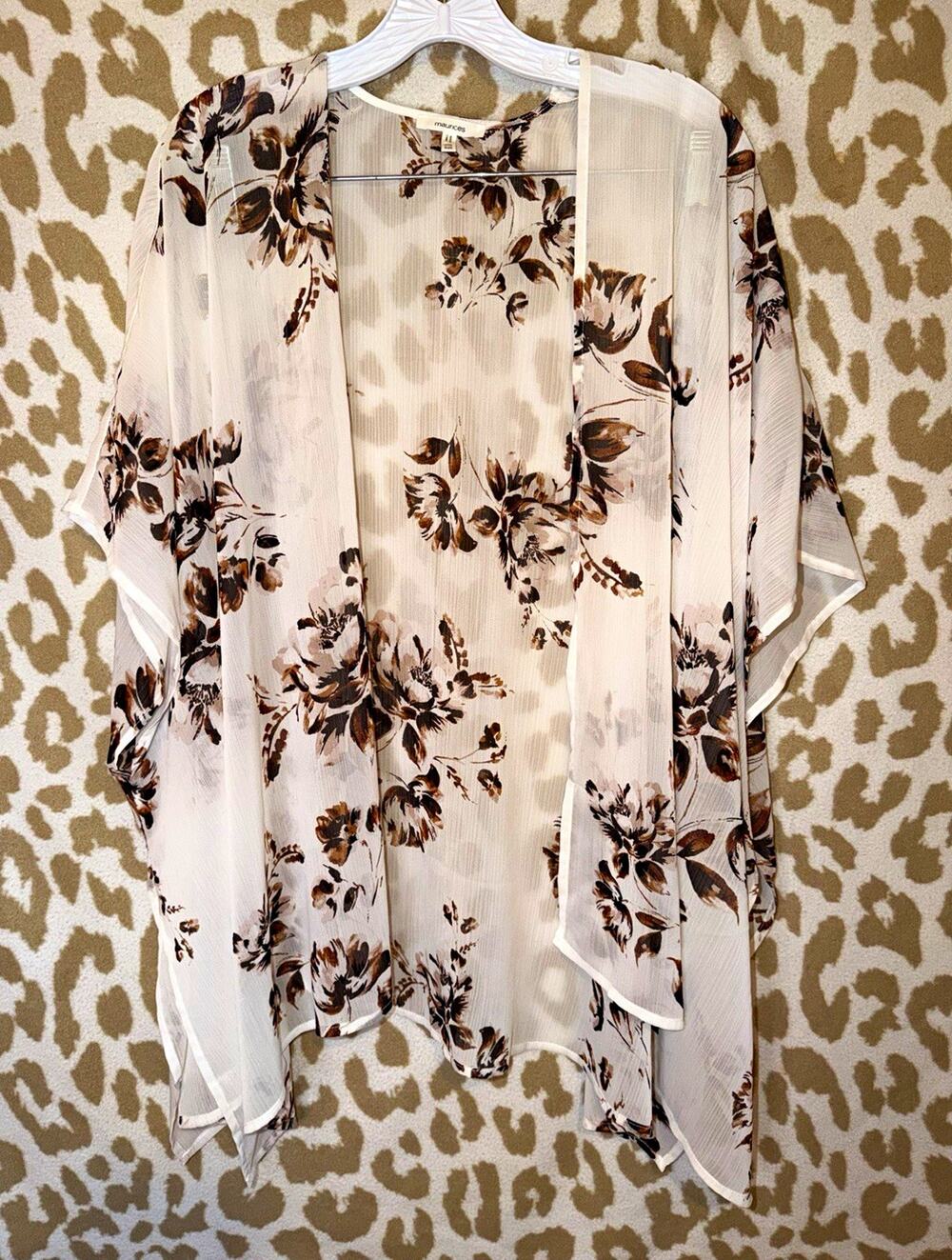 maurices One Size Beige Brown Floral Sheer Chiffon Open Front Kimono